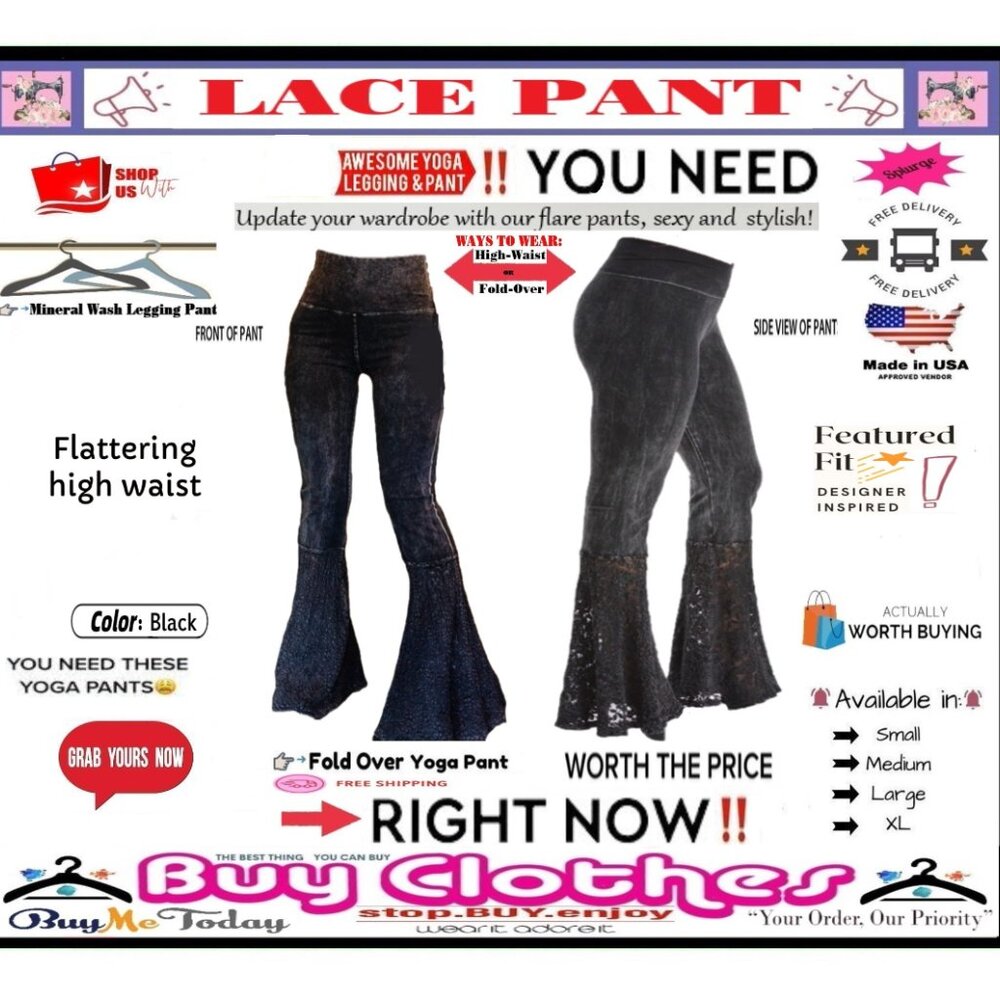 🛑 BOTTOM Fold Embroidery ➕ LACE 🆒 LEGGING PANT High Waist FLARE Wash BUY NOW - Picture 2 of 16